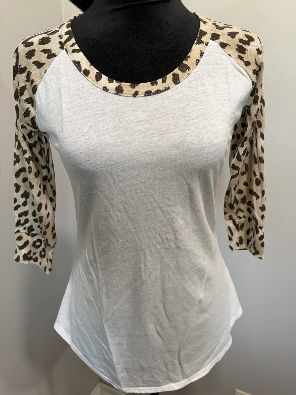 Chaser White Top with Tan Leopard Raglan Sleeves